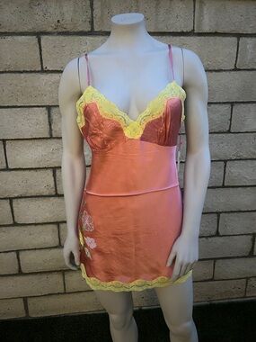 Gold Hawk Silk Coral tunic length chemise with Yellow Lace Trim